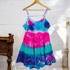 Arizona 90s Tie Dye Eyelet Lace Caged Open Back Spaghetti Strap Mini Sun Dress